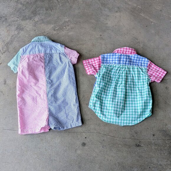 Ralph Lauren Blue Pink Green Striped Onesie and Gingham Plaid Shirt Bundle 9M - Picture 11 of 11